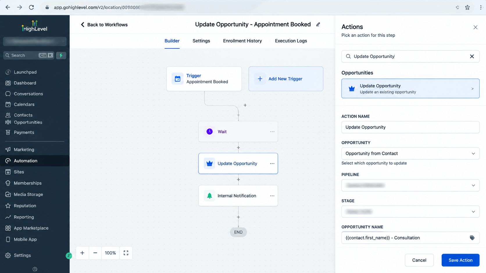 GoHighLevel workflow builder showing the Update Opportunity action configured inside an automation workflow GoHighLevel workflow builder showing the Update Opportunity action configured inside an automation workflow