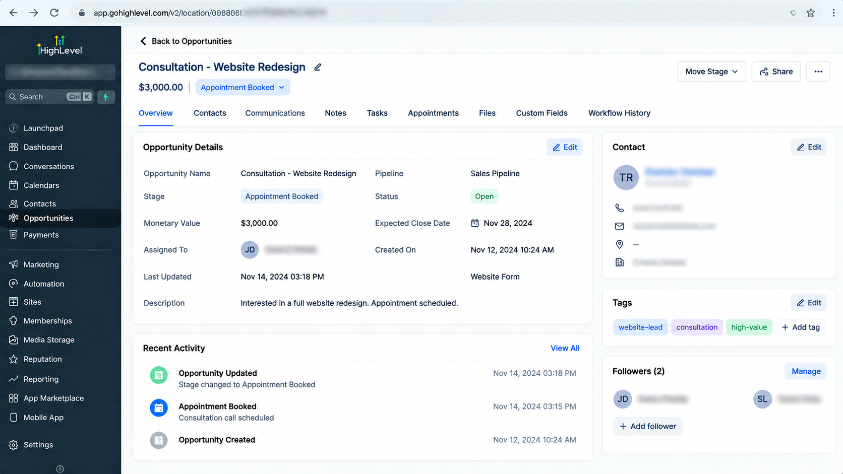 GoHighLevel opportunity record showing updated sales stage and opportunity details after workflow automation GoHighLevel opportunity record showing updated sales stage and opportunity details after workflow automation