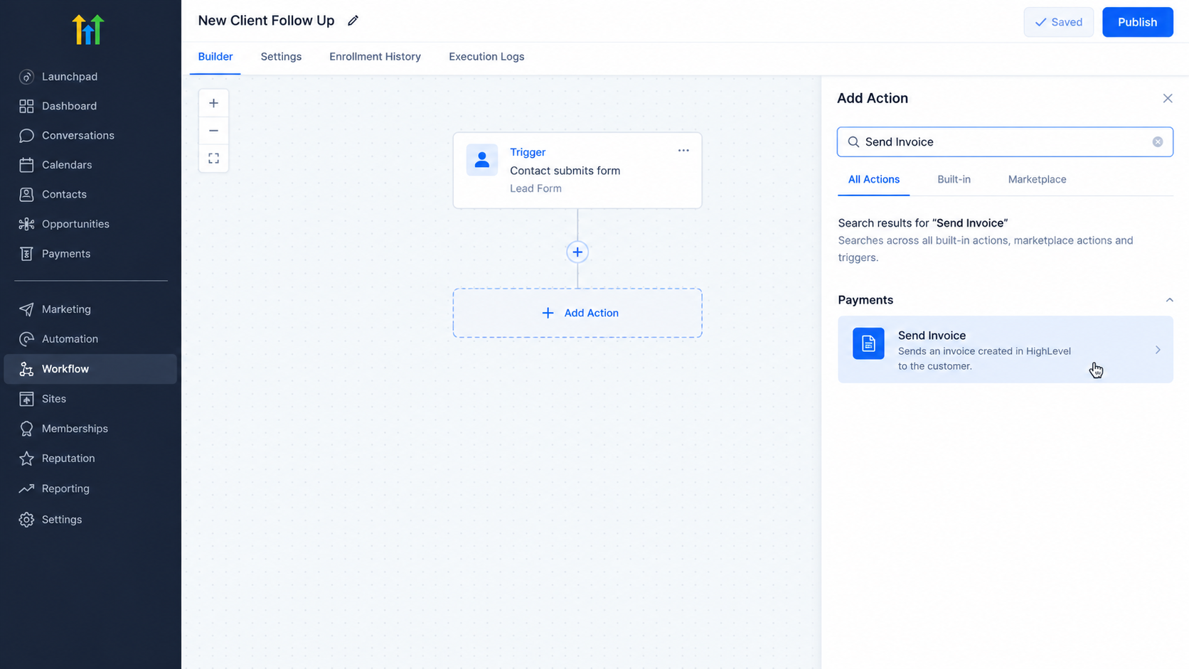 GoHighLevel workflow builder showing the Send Invoice action GoHighLevel workflow builder showing the Send Invoice action