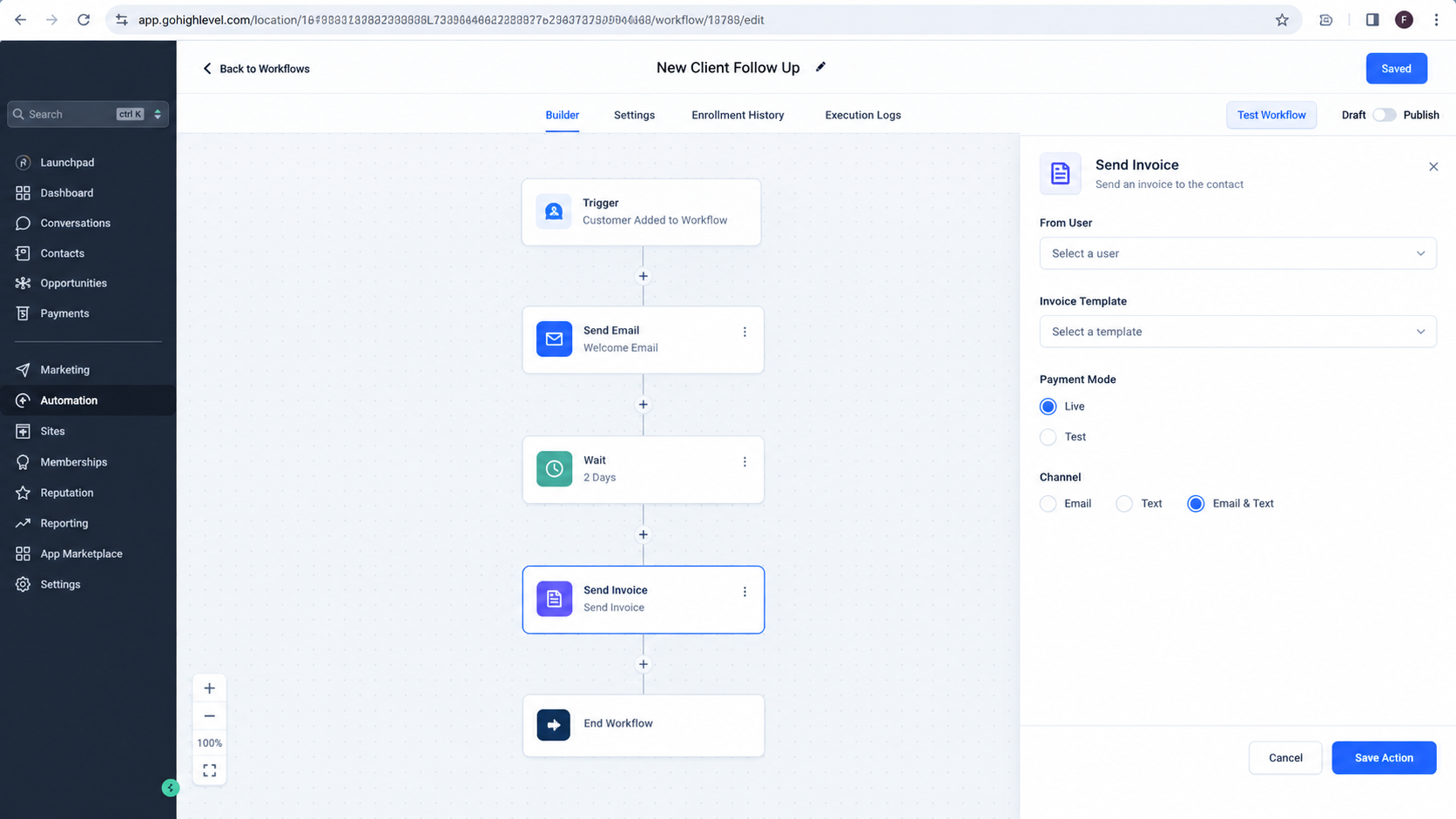 GoHighLevel Send Invoice Action configuration settings GoHighLevel Send Invoice Action configuration settings