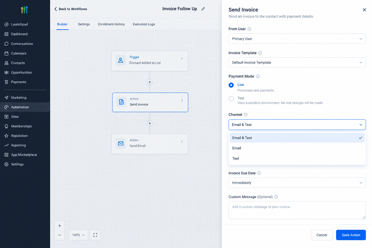 GoHighLevel Send Invoice Action payment mode and delivery channel settings GoHighLevel Send Invoice Action payment mode and delivery channel settings