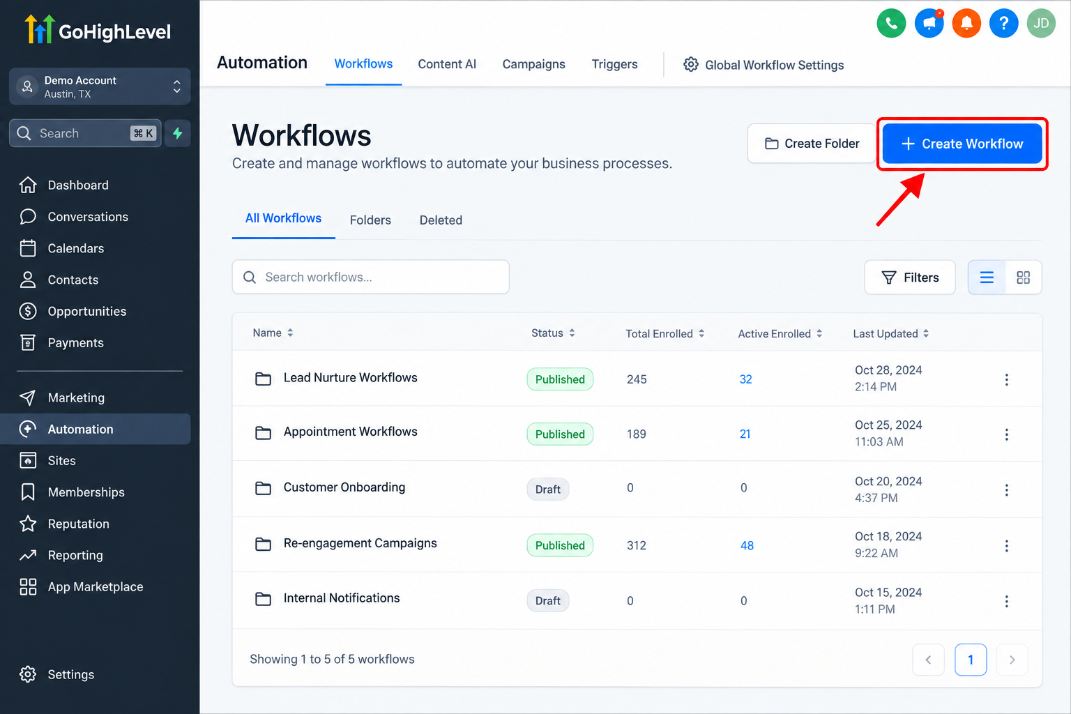GoHighLevel Workflows dashboard showing the Create Workflow button highlighted for setting up opportunity automation.