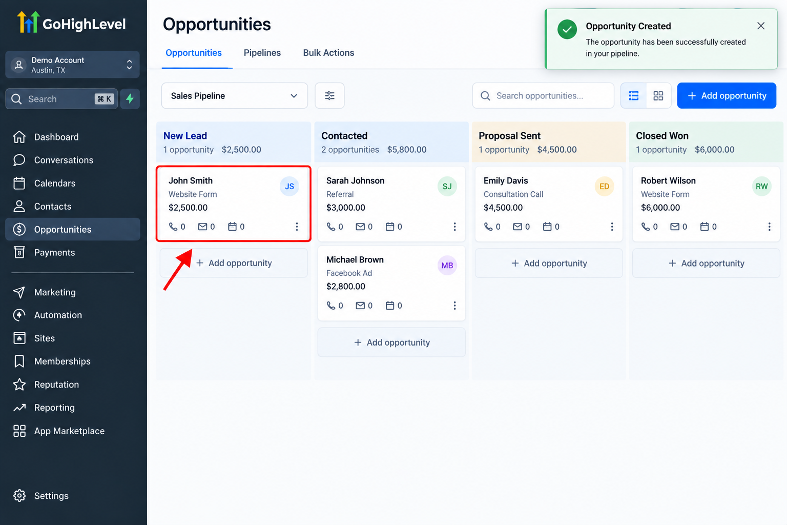 GoHighLevel Opportunities pipeline showing a newly created sales opportunity in the New Lead stage.