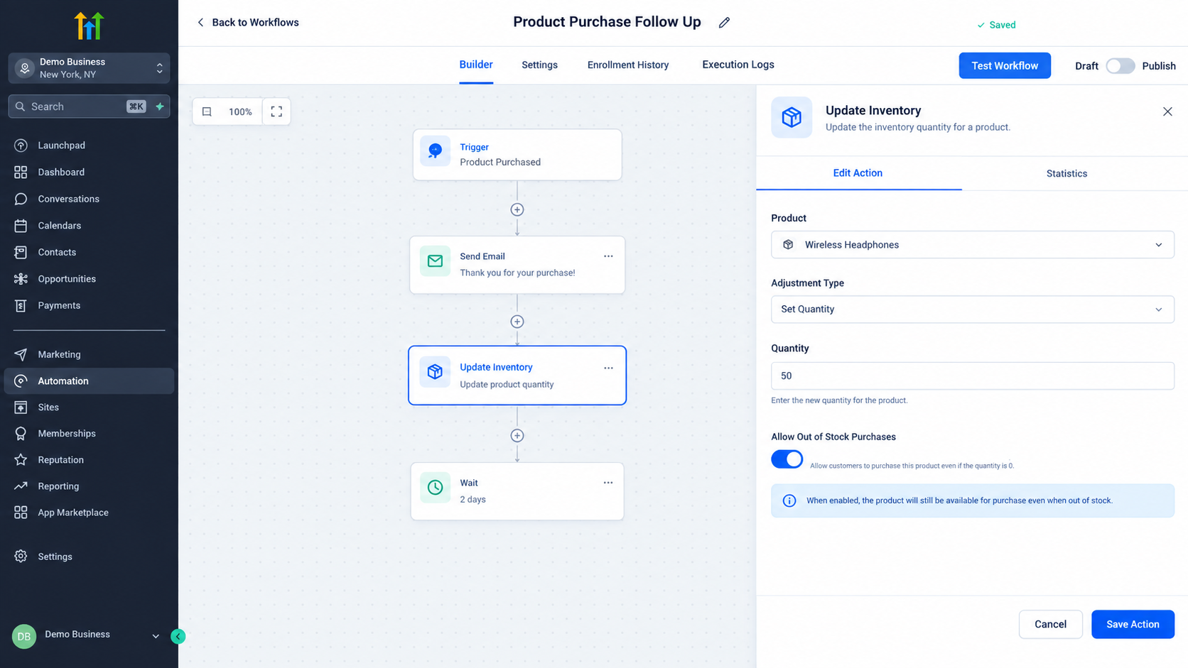 GoHighLevel Update Inventory Action in workflow builder GoHighLevel Update Inventory Action in workflow builder