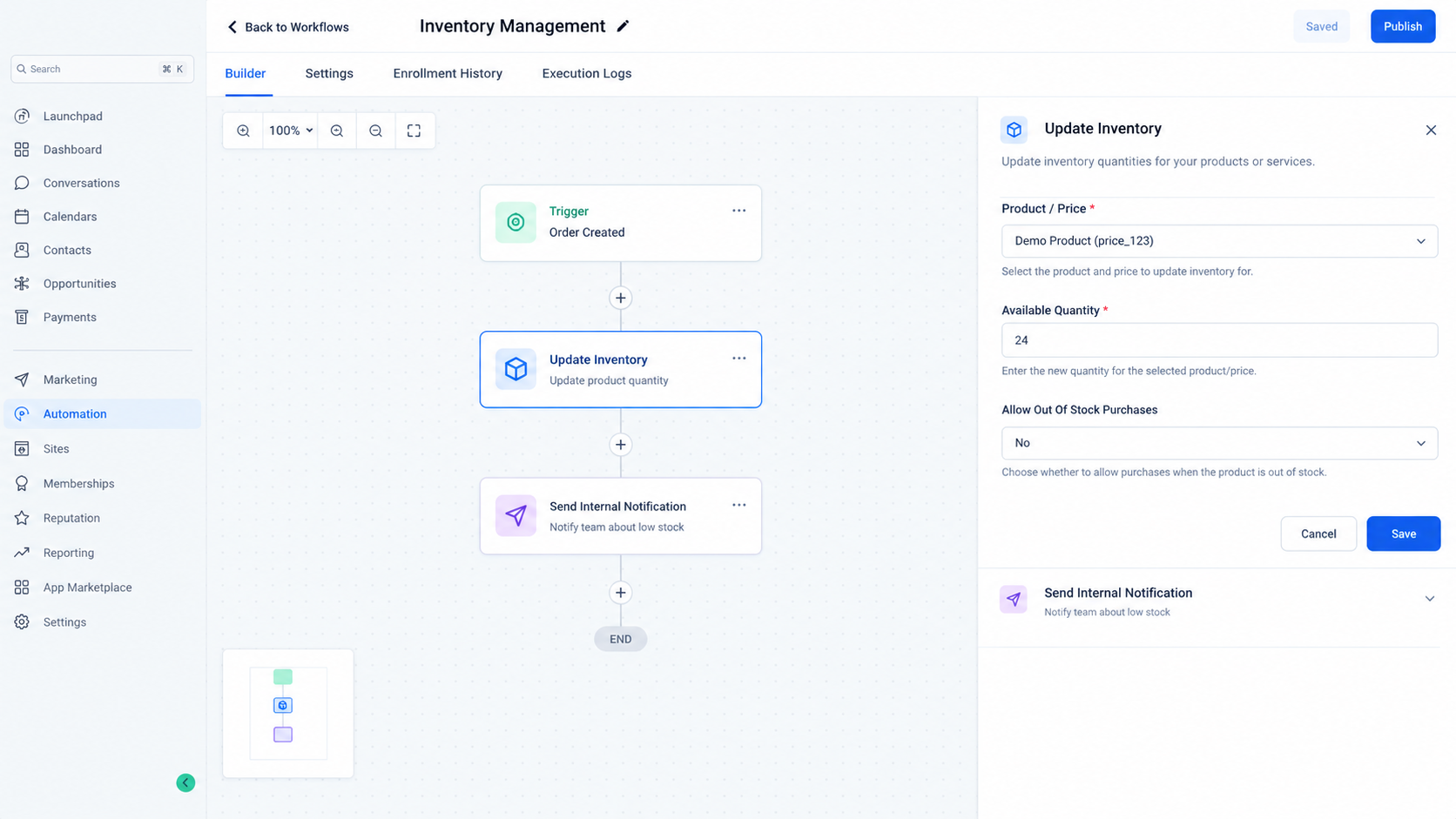 GoHighLevel workflow using Update Inventory Action for product stock GoHighLevel workflow using Update Inventory Action for product stock