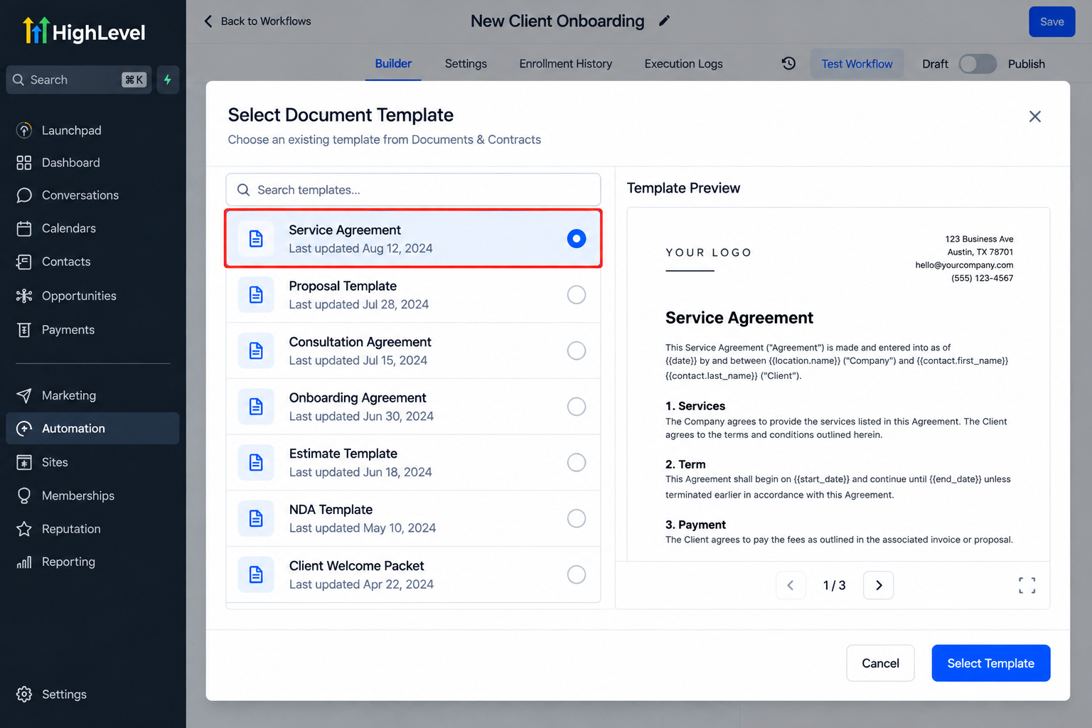 GoHighLevel Documents & Contracts template selection screen showing a Service Agreement template selected for a workflow. GoHighLevel Documents & Contracts template selection screen showing a Service Agreement template selected for a workflow.