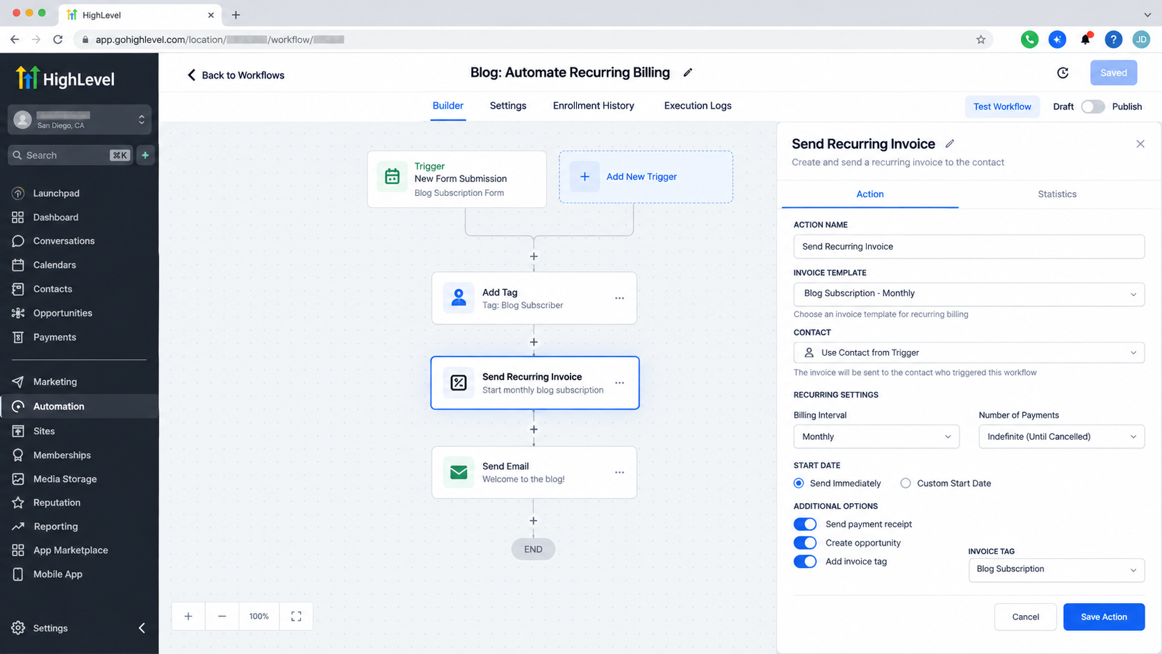 GoHighLevel workflow showing the Send Recurring Invoice action in an automated billing workflow GoHighLevel workflow showing the Send Recurring Invoice action in an automated billing workflow