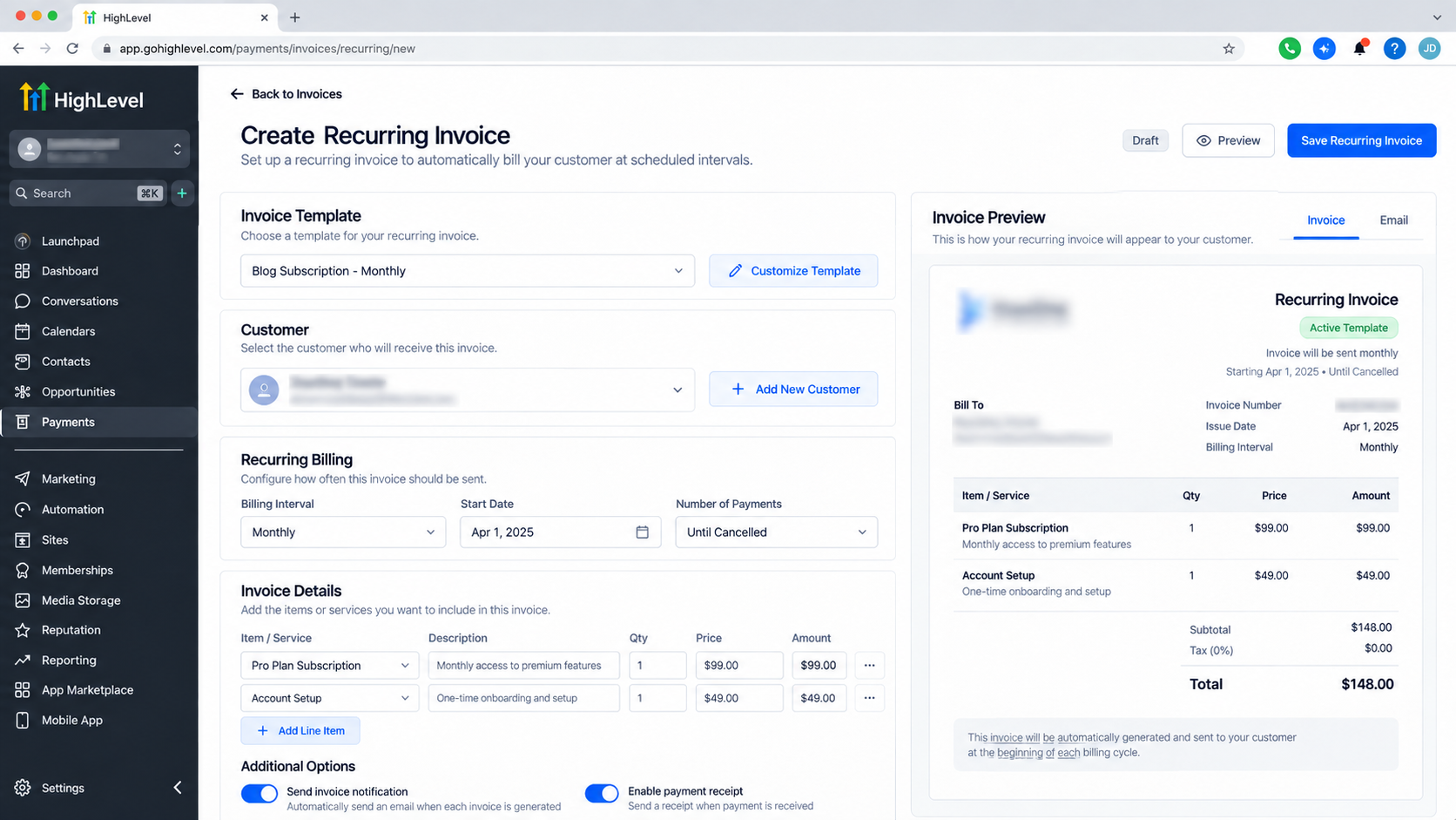 GoHighLevel recurring invoice setup screen with invoice template, billing schedule, line items, and invoice preview GoHighLevel recurring invoice setup screen with invoice template, billing schedule, line items, and invoice preview