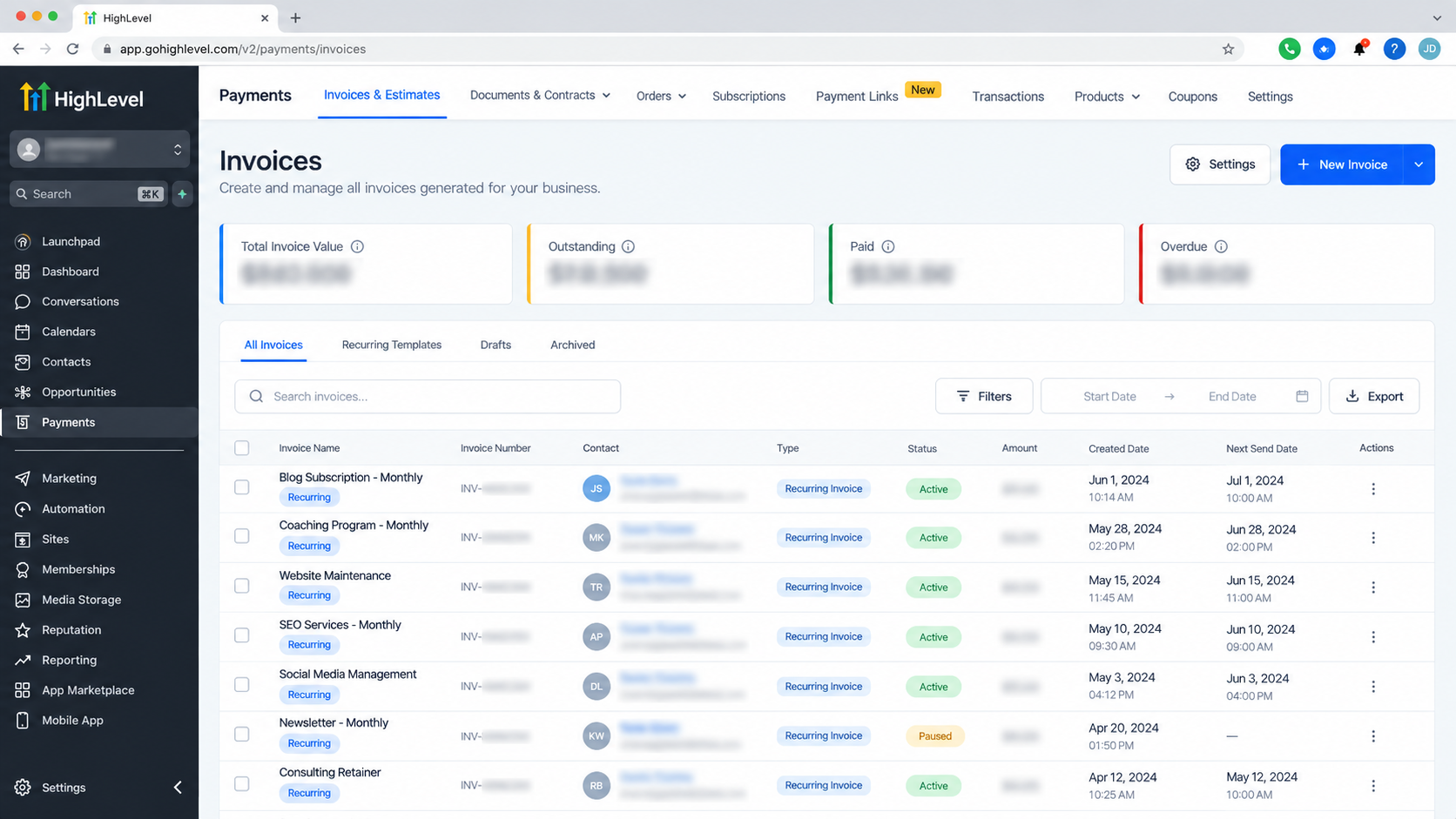 GoHighLevel invoices dashboard showing active recurring invoices and scheduled billing records GoHighLevel invoices dashboard showing active recurring invoices and scheduled billing records