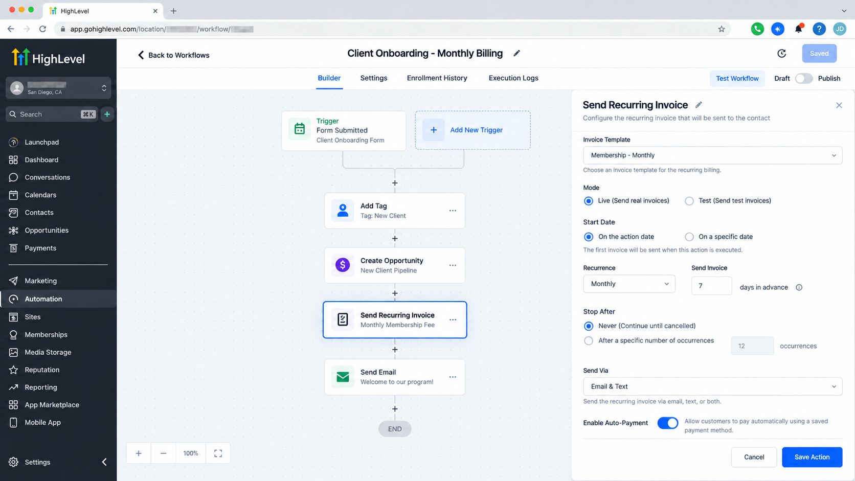 GoHighLevel Send Recurring Invoice workflow action settings with recurring billing configuration options GoHighLevel Send Recurring Invoice workflow action settings with recurring billing configuration options