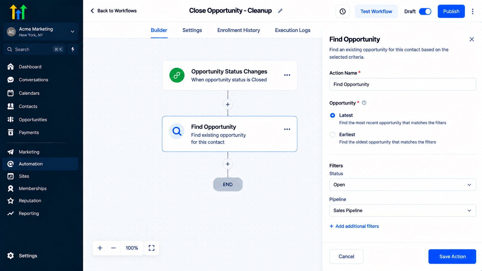 GoHighLevel workflow builder showing the Find Opportunity action configuration panel GoHighLevel workflow builder showing the Find Opportunity action configuration panel