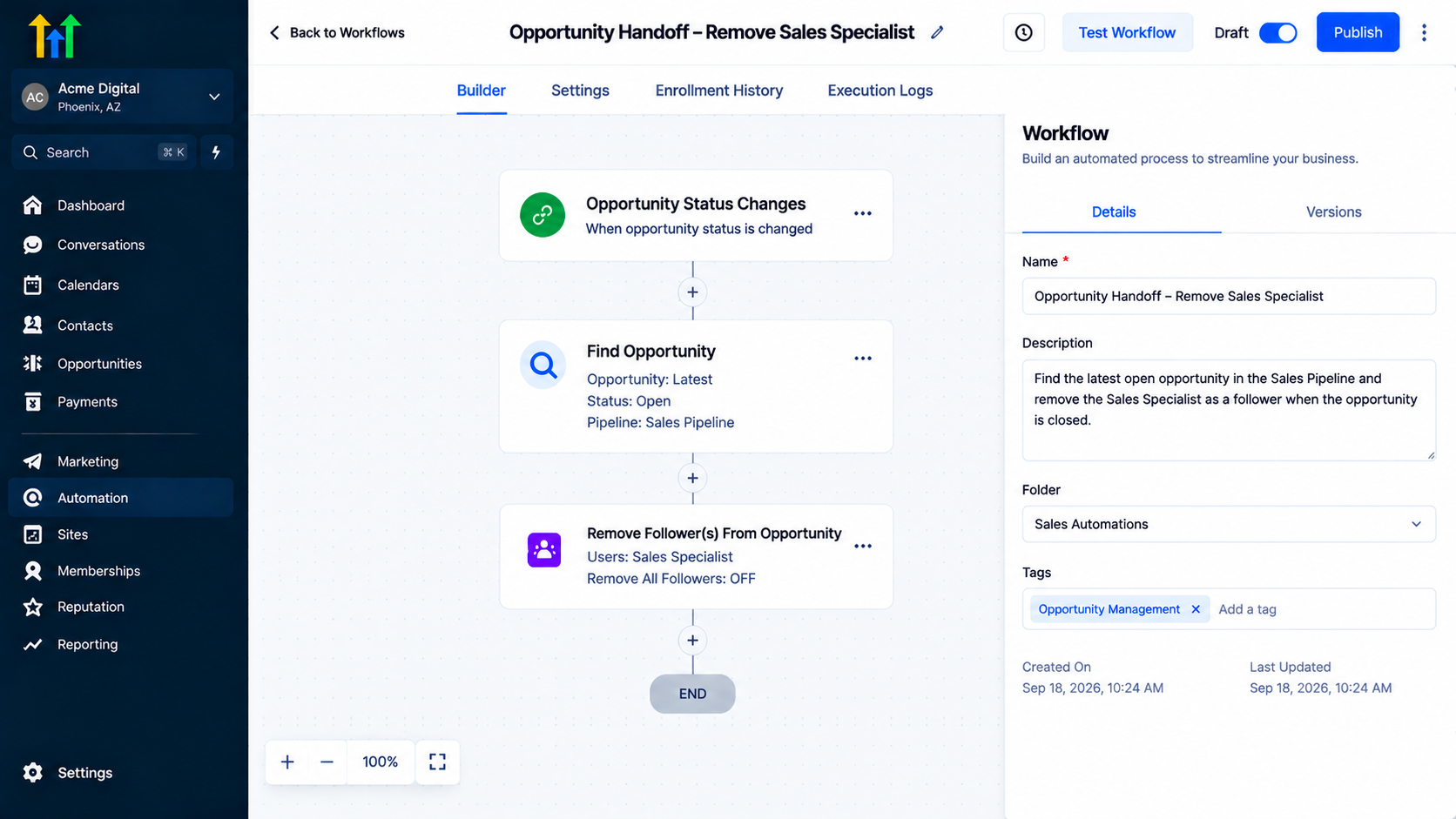 GoHighLevel workflow details panel showing Opportunity Handoff automation settings GoHighLevel workflow details panel showing Opportunity Handoff automation settings