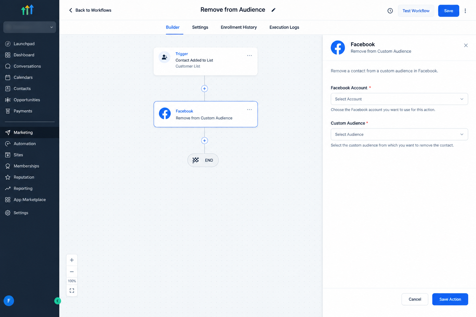 GoHighLevel Facebook Remove from Custom Audience workflow action GoHighLevel Facebook Remove from Custom Audience workflow action