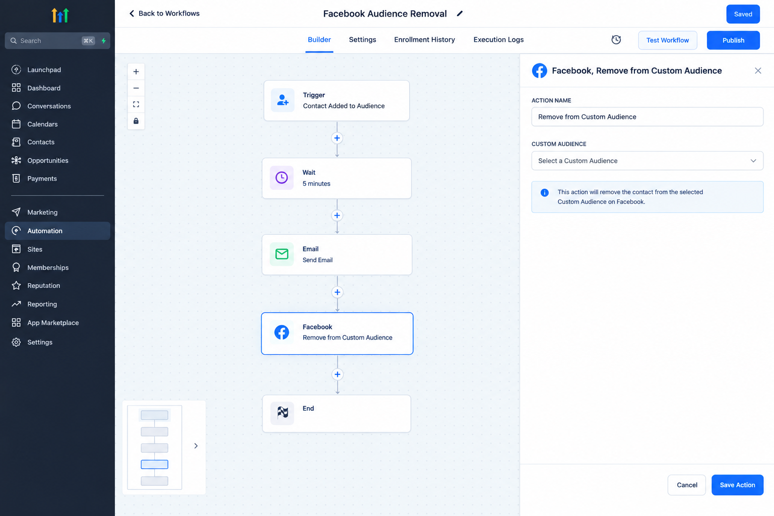 Adding Facebook Remove from Custom Audience action to a GoHighLevel workflow Adding Facebook Remove from Custom Audience action to a GoHighLevel workflow