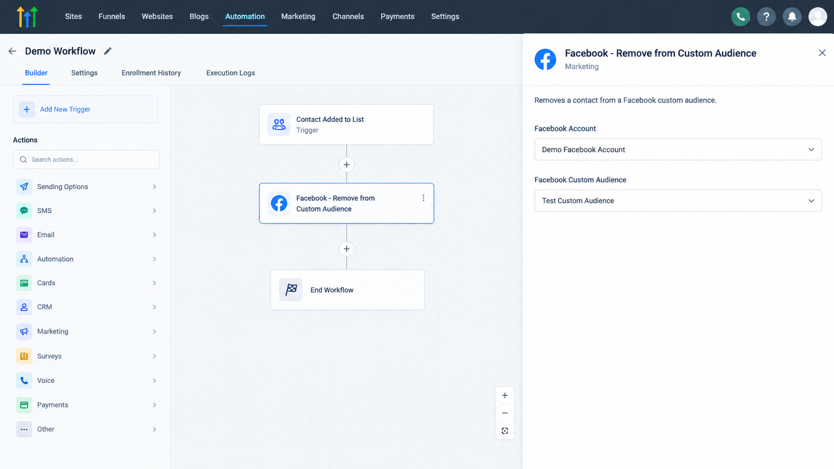 Facebook Custom Audience configuration in GoHighLevel workflow action Facebook Custom Audience configuration in GoHighLevel workflow action