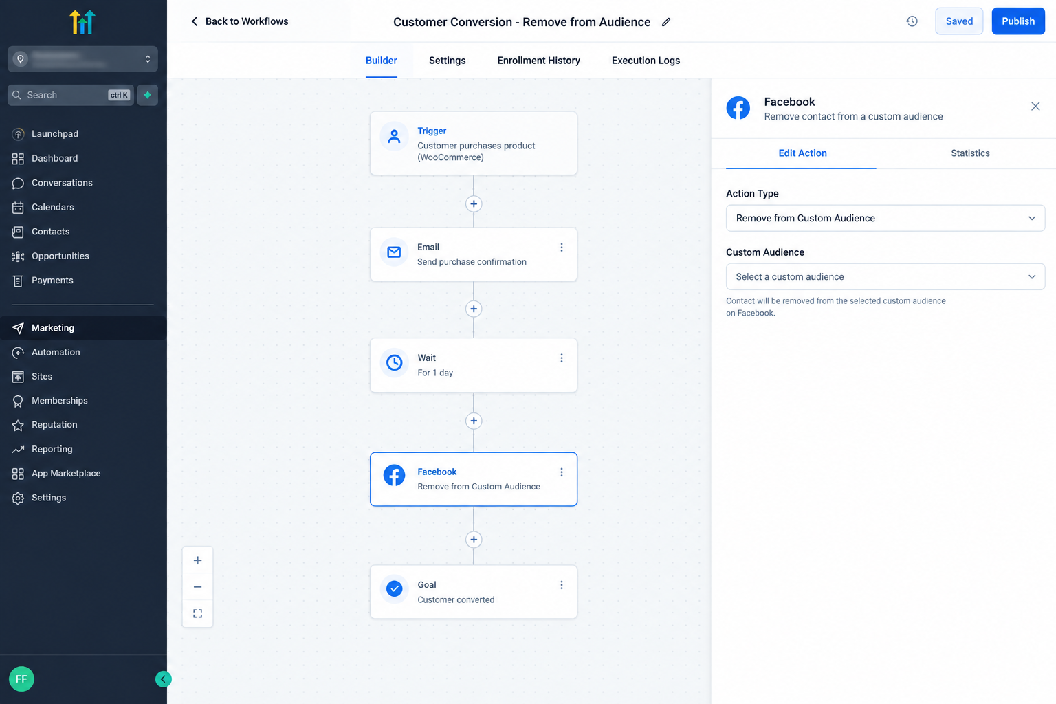 Facebook Remove from Custom Audience action in GoHighLevel workflow Facebook Remove from Custom Audience action in GoHighLevel workflow