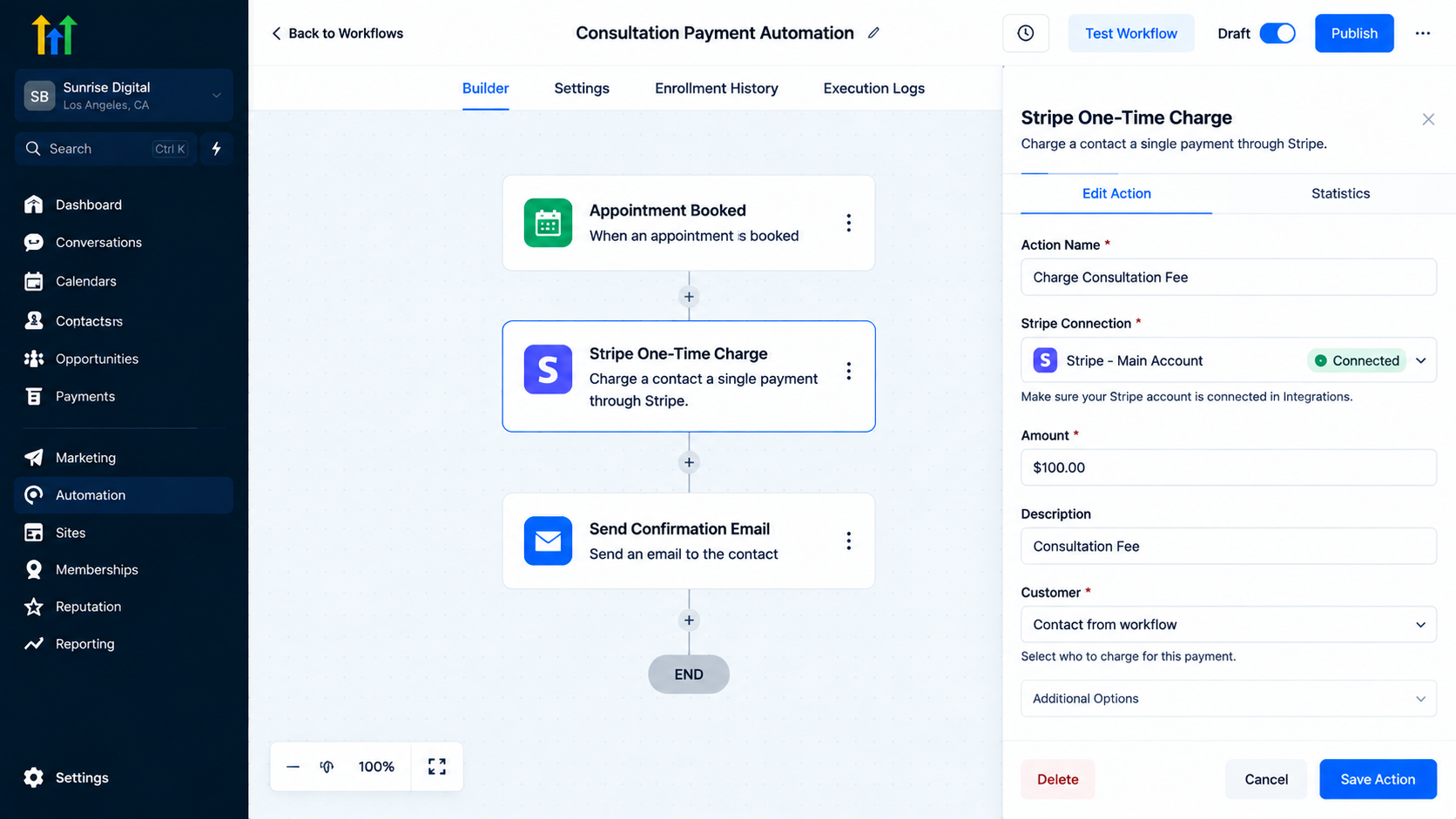 GoHighLevel workflow builder showing Stripe One-Time Charge action configuration GoHighLevel workflow builder showing Stripe One-Time Charge action configuration