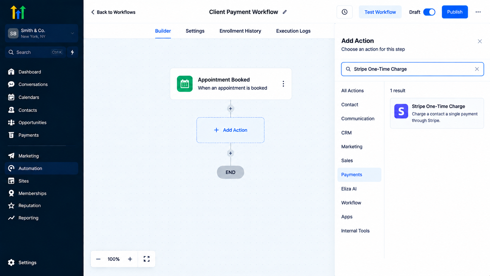 GoHighLevel workflow builder showing the Add Action menu selecting Stripe One-Time Charge GoHighLevel workflow builder showing the Add Action menu selecting Stripe One-Time Charge