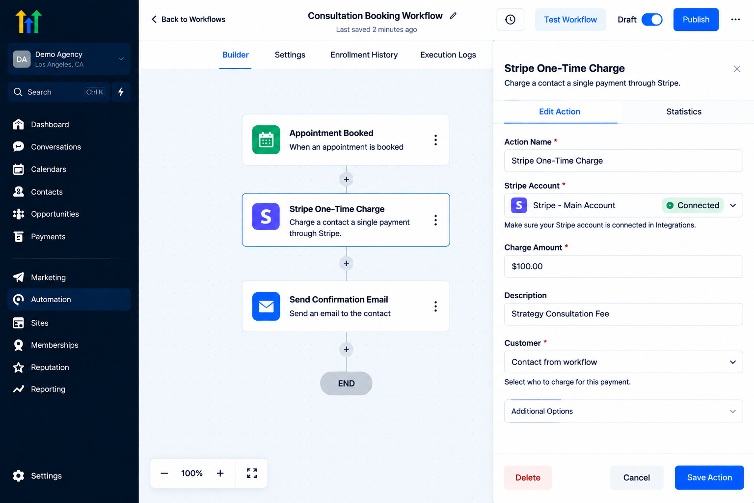 GoHighLevel workflow builder displaying Stripe One-Time Charge action settings for consultation booking GoHighLevel workflow builder displaying Stripe One-Time Charge action settings for consultation booking