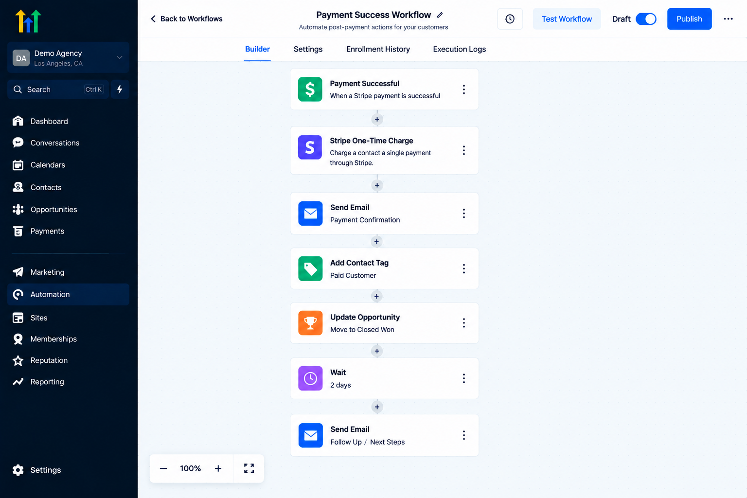 GoHighLevel workflow builder displaying a complete Payment Success automation sequence GoHighLevel workflow builder displaying a complete Payment Success automation sequence