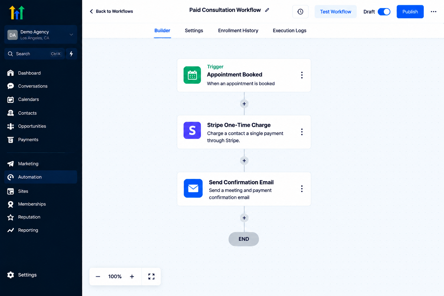 GoHighLevel workflow builder showing the Paid Consultation Workflow with appointment booking trigger, Stripe charge, and confirmation email GoHighLevel workflow builder showing the Paid Consultation Workflow with appointment booking trigger, Stripe charge, and confirmation email