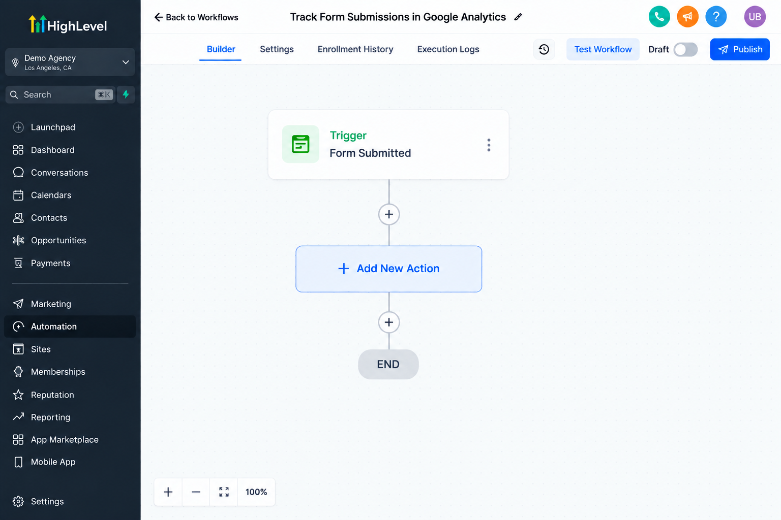 GoHighLevel workflow builder showing a Form Submitted trigger with an Add New Action step for creating an automated customer activity tracking workflow. GoHighLevel workflow builder showing a Form Submitted trigger with an Add New Action step for creating an automated customer activity tracking workflow.
