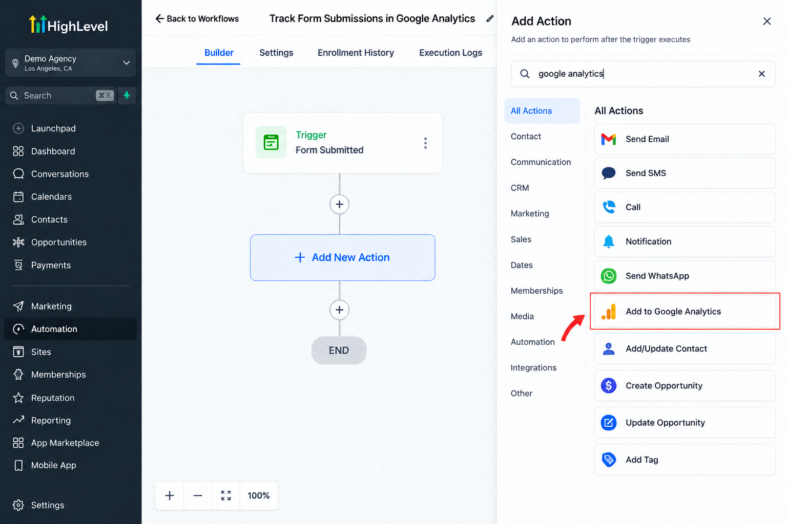 GoHighLevel workflow action menu showing the Add to Google Analytics option for creating customer activity tracking events. GoHighLevel workflow action menu showing the Add to Google Analytics option for creating customer activity tracking events.