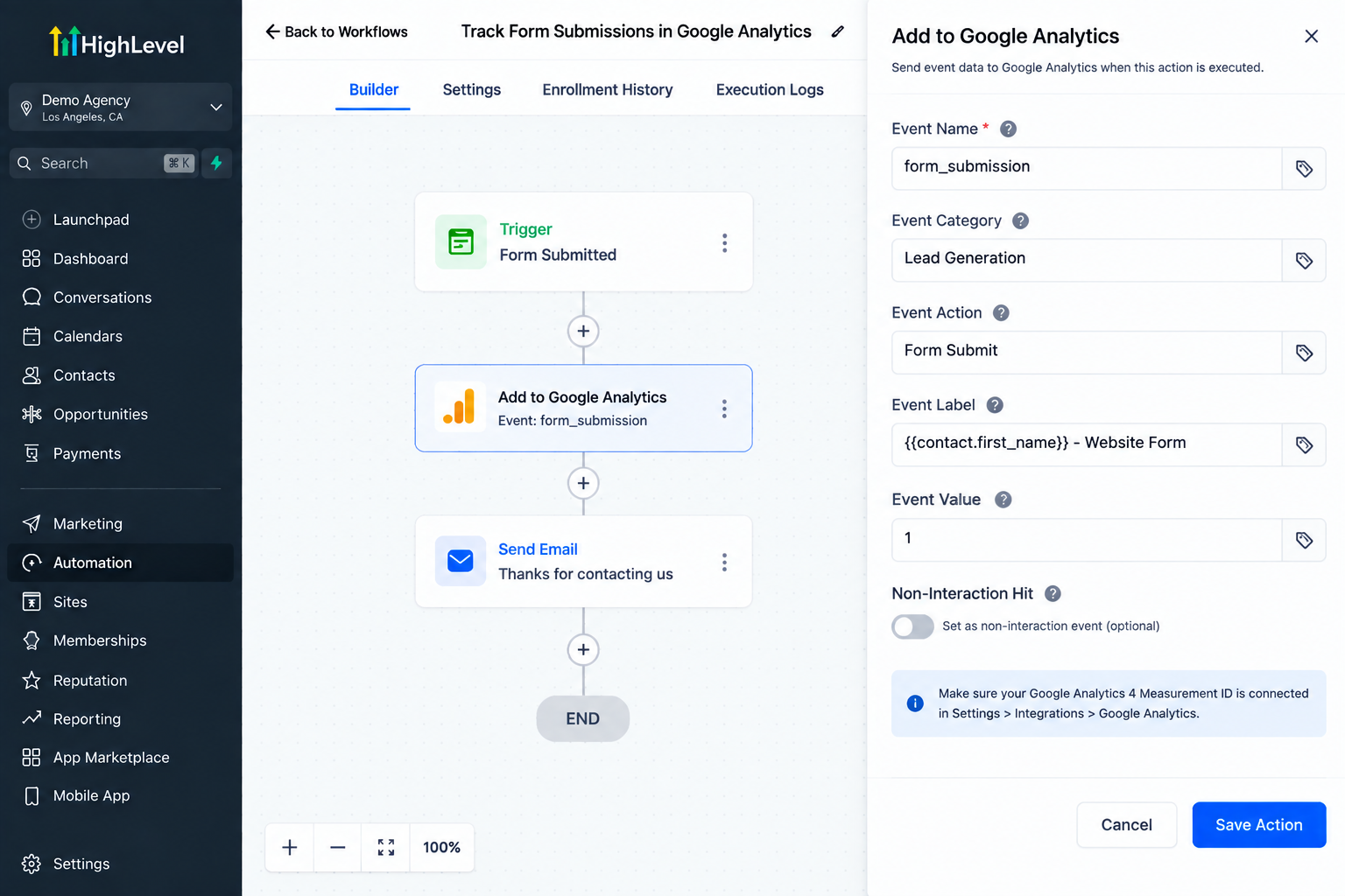 GoHighLevel Add to Google Analytics Action settings panel showing event name, category, action, and label configuration inside a workflow. GoHighLevel Add to Google Analytics Action settings panel showing event name, category, action, and label configuration inside a workflow.