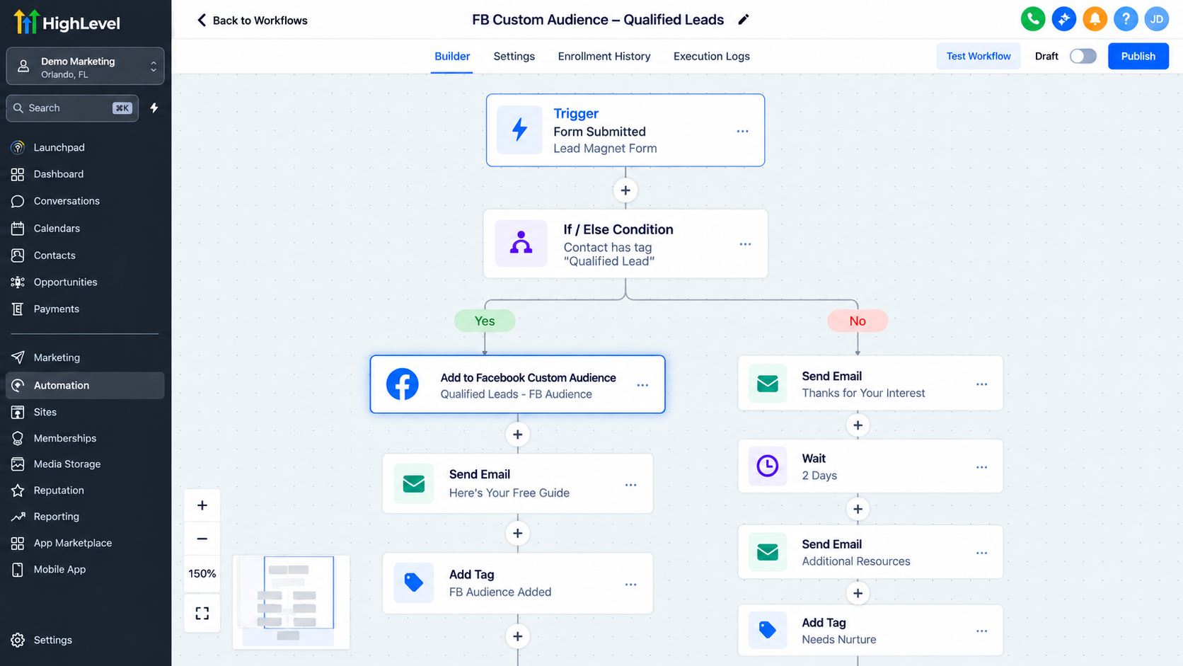 GoHighLevel workflow using an If Else condition before adding a qualified contact to a Facebook Custom Audience GoHighLevel workflow using an If Else condition before adding a qualified contact to a Facebook Custom Audience
