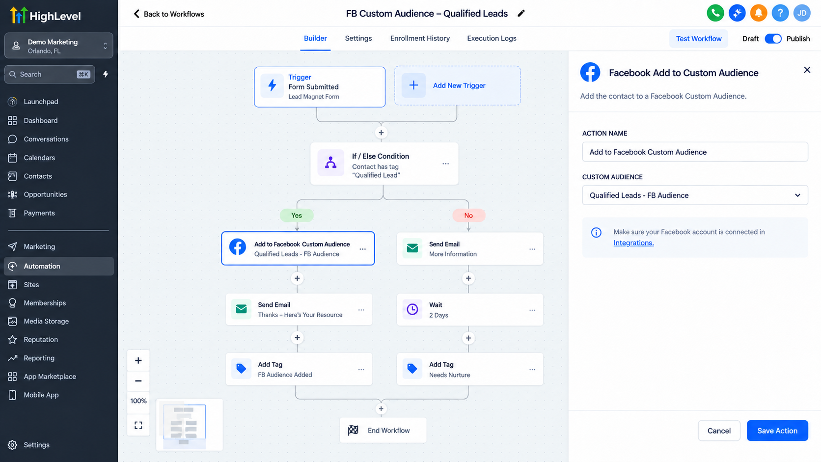 Facebook Add to Custom Audience action configuration inside the GoHighLevel workflow builder Facebook Add to Custom Audience action configuration inside the GoHighLevel workflow builder