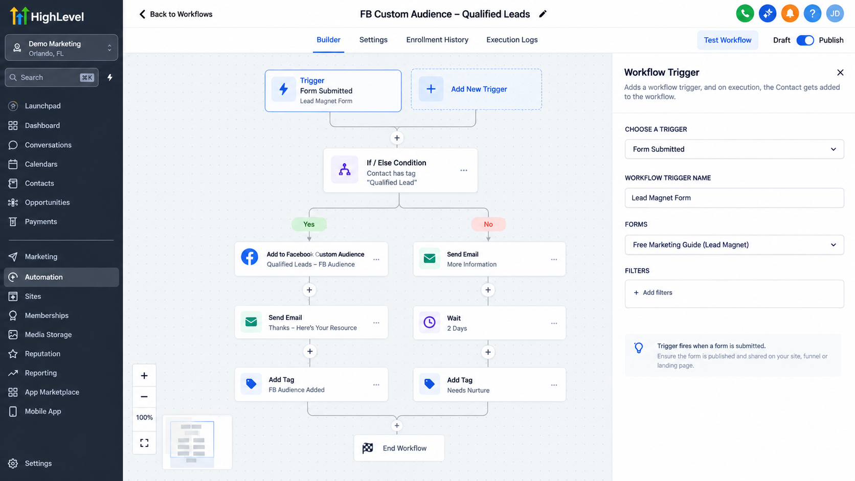 GoHighLevel workflow builder showing an automation for adding qualified contacts to a Facebook Custom Audience GoHighLevel workflow builder showing an automation for adding qualified contacts to a Facebook Custom Audience