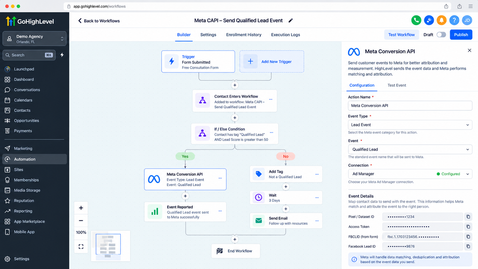 GoHighLevel workflow showing a Meta Conversion API event configured for lead conversion tracking GoHighLevel workflow showing a Meta Conversion API event configured for lead conversion tracking