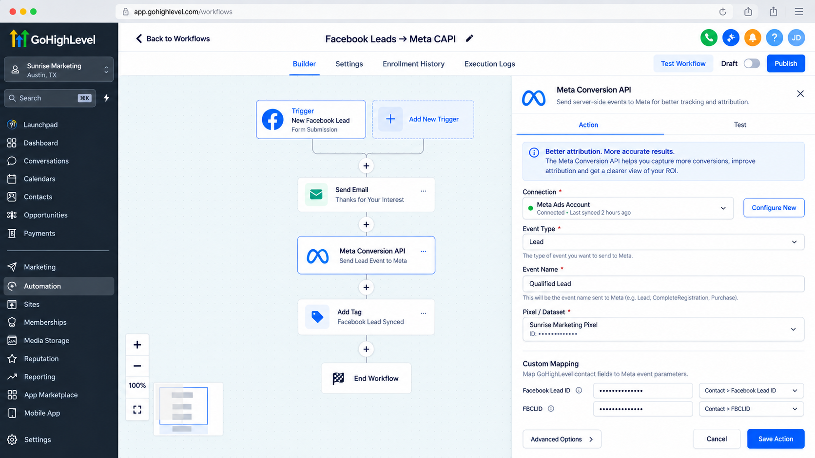 GoHighLevel Meta Conversion API configuration with masked attribution and conversion data GoHighLevel Meta Conversion API configuration with masked attribution and conversion data