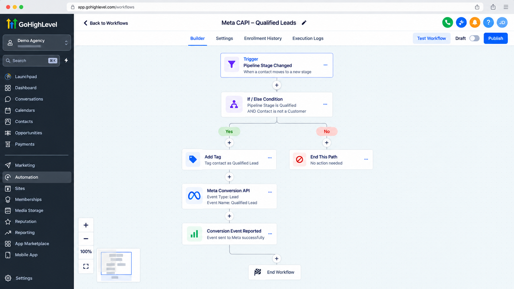 GoHighLevel Workflow Builder showing the Meta Conversion API Action for conversion tracking GoHighLevel Workflow Builder showing the Meta Conversion API Action for conversion tracking