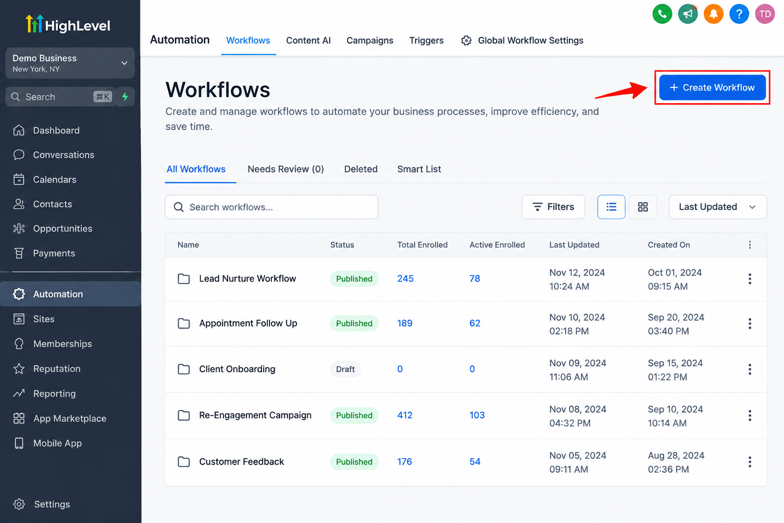 GoHighLevel Workflows dashboard showing the option to create a new automation workflow for marketing processes GoHighLevel Workflows dashboard showing the option to create a new automation workflow for marketing processes