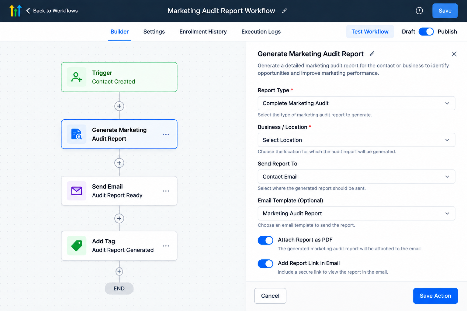 GoHighLevel Generate Marketing Audit Report Action settings inside a workflow showing report configuration options GoHighLevel Generate Marketing Audit Report Action settings inside a workflow showing report configuration options