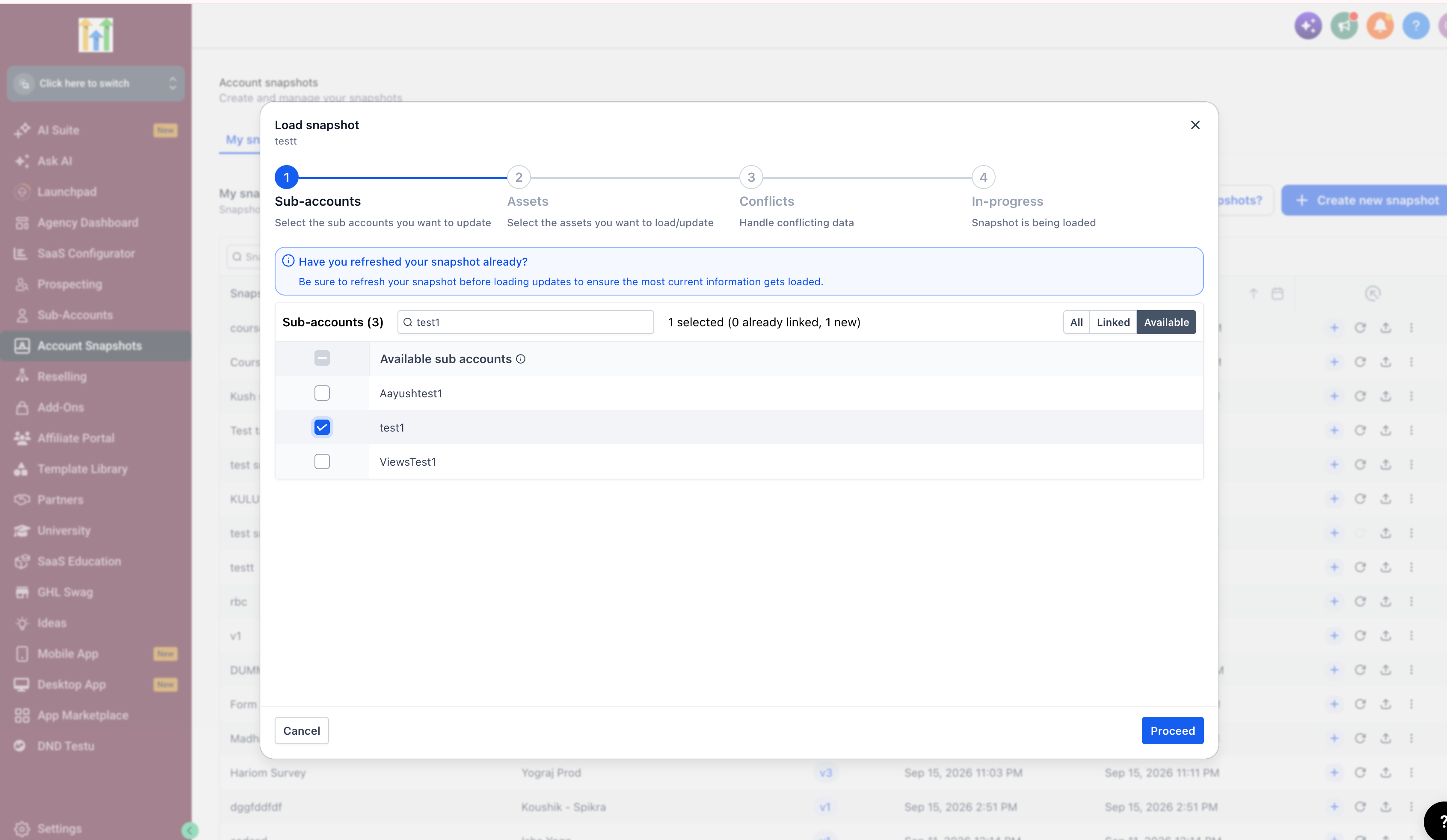 GoHighLevel Snapshot screen for selecting a subaccount to update GoHighLevel Snapshot screen for selecting a subaccount to update