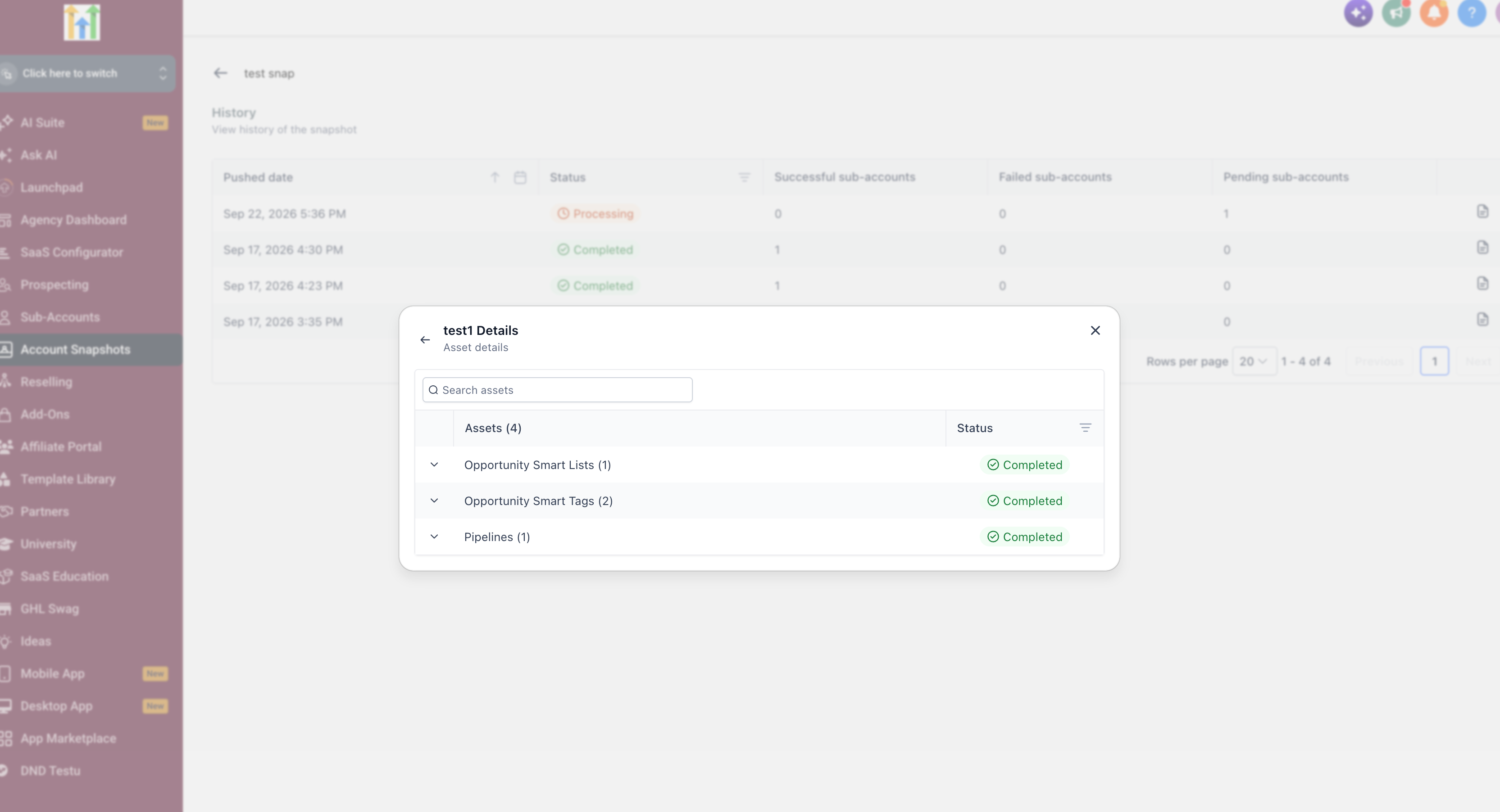 GoHighLevel Snapshot history showing completed Opportunity Smart Lists Smart Tags and Pipelines GoHighLevel Snapshot history showing completed Opportunity Smart Lists Smart Tags and Pipelines