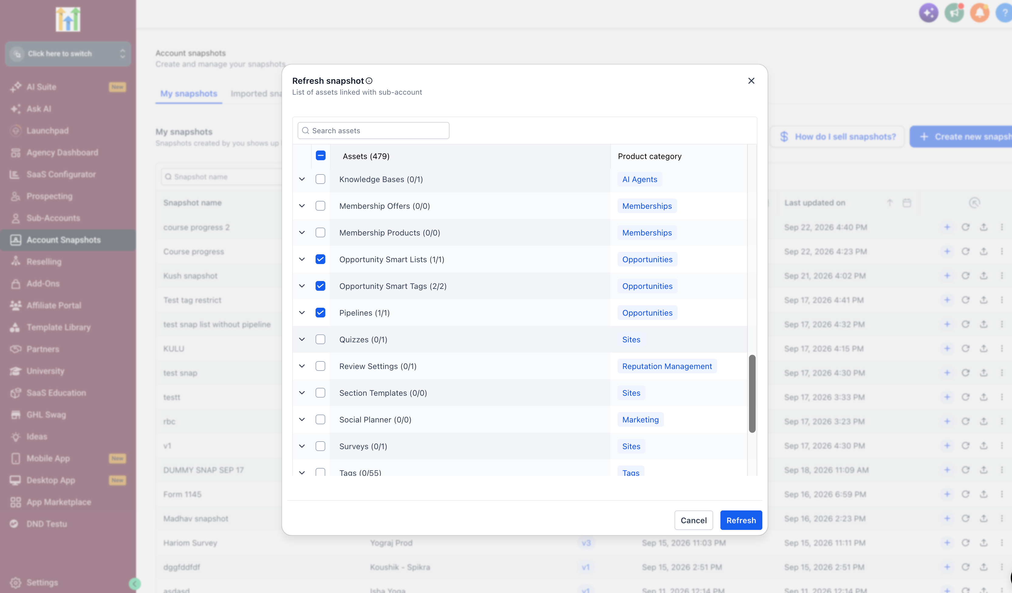 GoHighLevel Snapshot showing Opportunity Smart Lists and Smart Tags as selectable assets GoHighLevel Snapshot showing Opportunity Smart Lists and Smart Tags as selectable assets