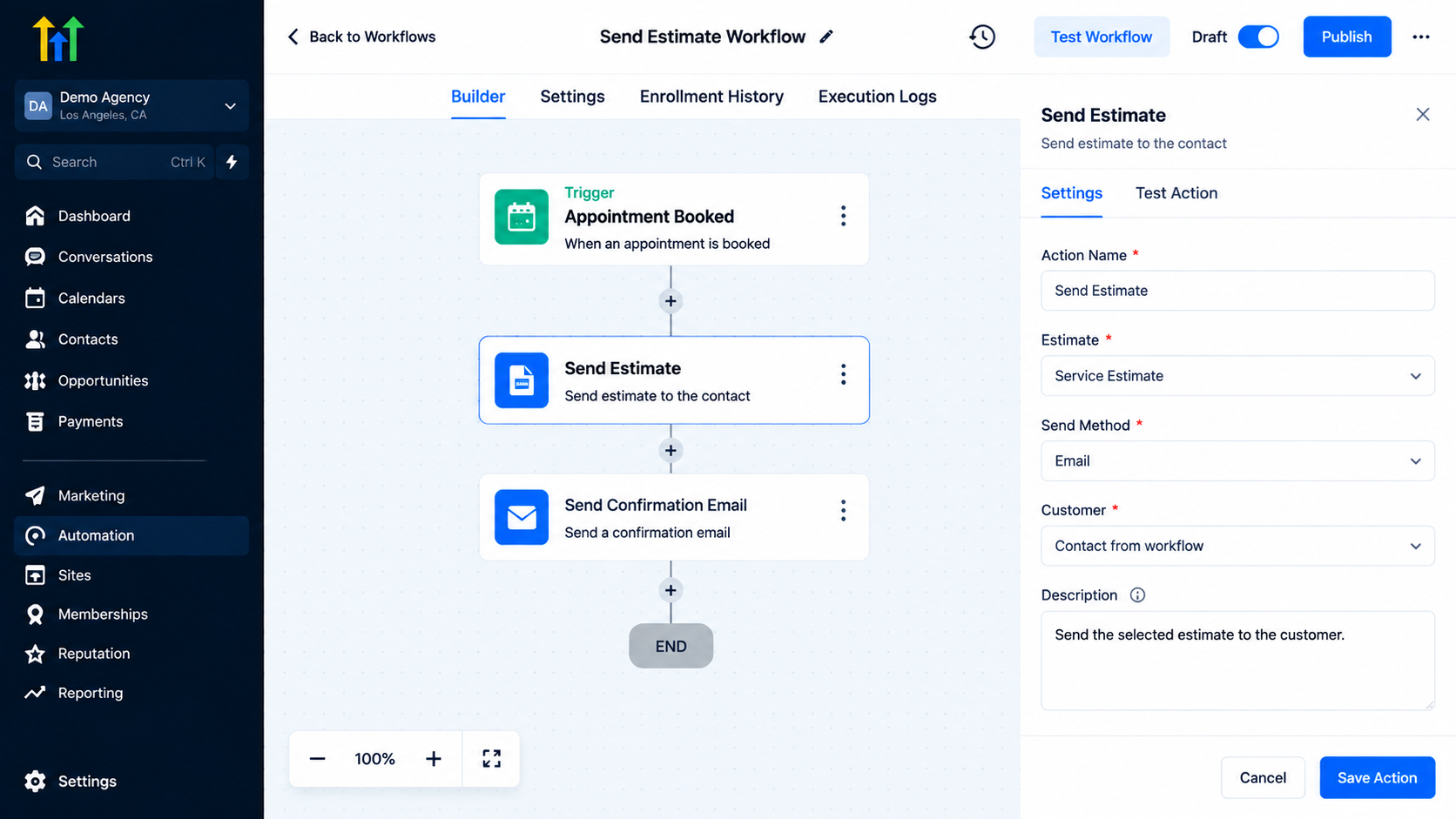 GoHighLevel workflow builder displaying the Send Estimate Workflow with appointment booking trigger