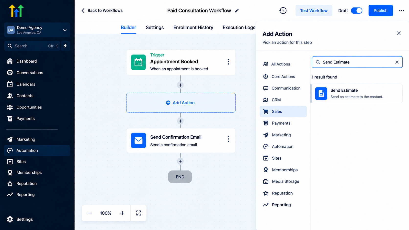 GoHighLevel workflow builder showing the Add Action panel for selecting the Send Estimate feature in a Paid Consultation Workflow