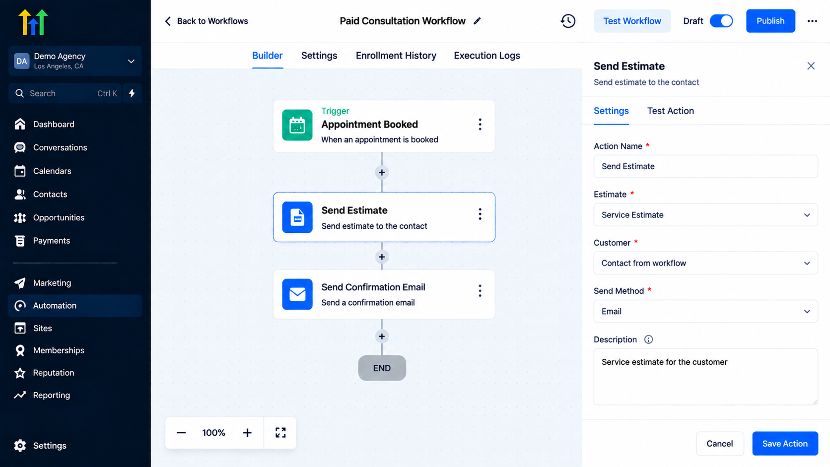 GoHighLevel workflow builder showing the Send Estimate action configuration panel within a Paid Consultation Workflow