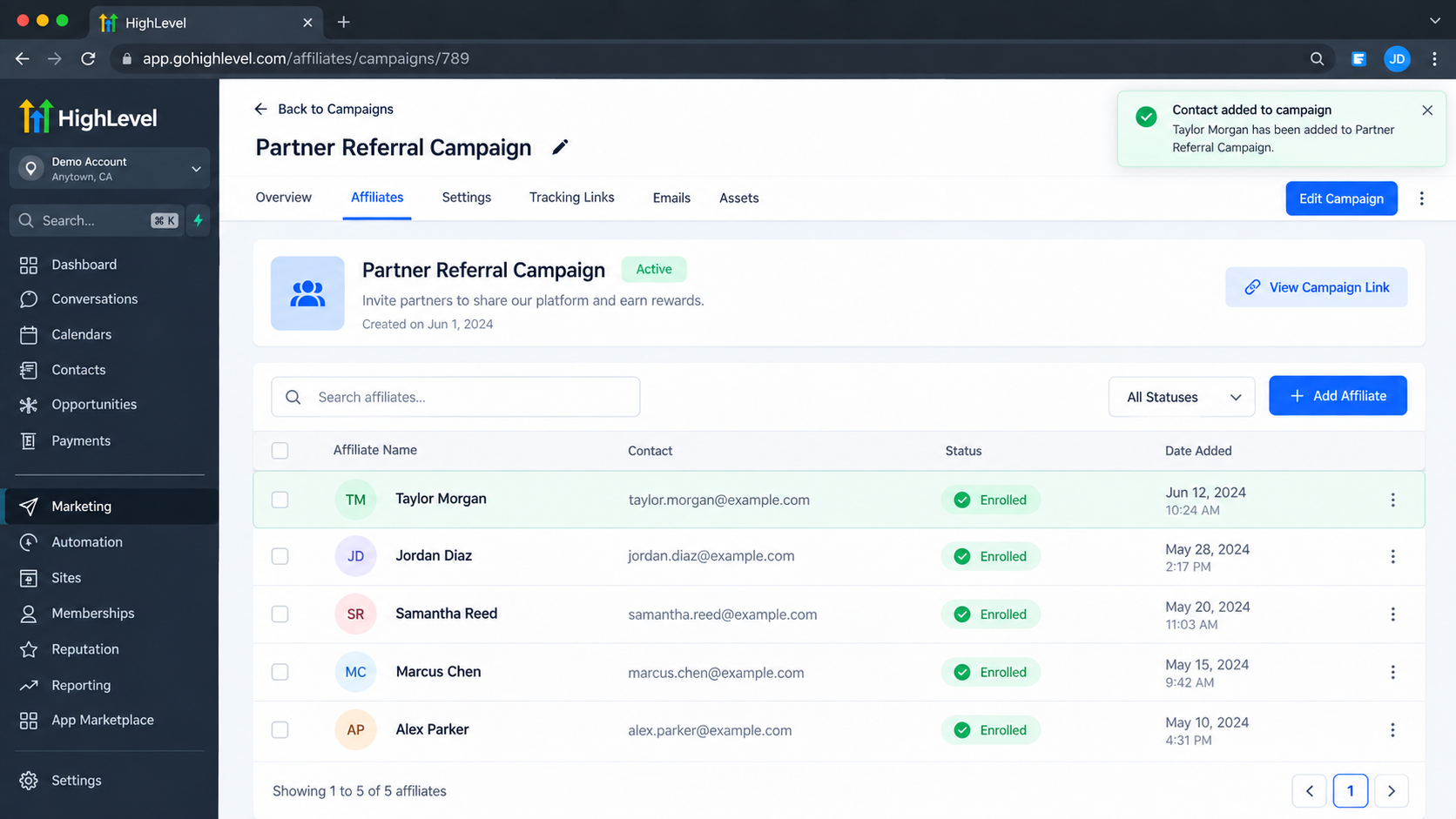 GoHighLevel affiliate campaign page showing affiliates enrolled in the Partner Referral Campaign. GoHighLevel affiliate campaign page showing affiliates enrolled in the Partner Referral Campaign.