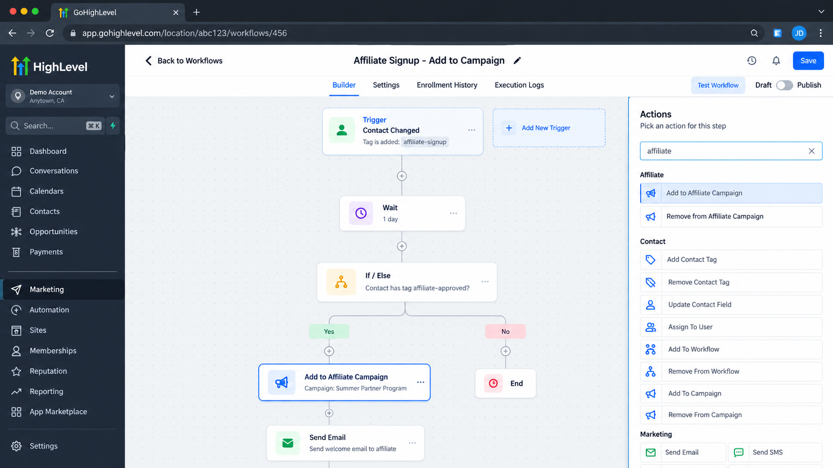 GoHighLevel Workflow Builder showing the Add to Affiliate Campaign action selected inside a workflow automation. GoHighLevel Workflow Builder showing the Add to Affiliate Campaign action selected inside a workflow automation.