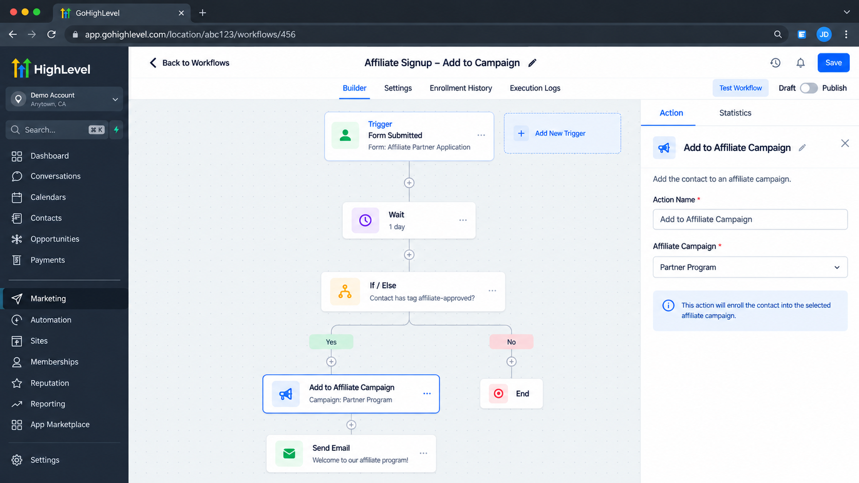 GoHighLevel workflow showing a trigger, workflow steps, and the Add to Affiliate Campaign action later in the automation path. GoHighLevel workflow showing a trigger, workflow steps, and the Add to Affiliate Campaign action later in the automation path.