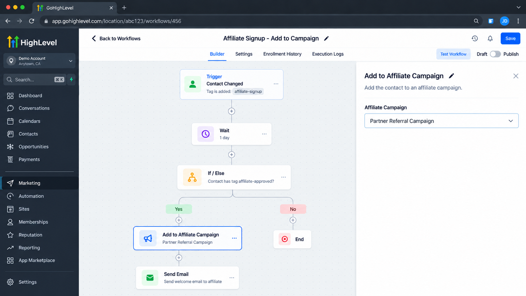 GoHighLevel workflow action configuration panel showing Add to Affiliate Campaign with a selected affiliate campaign. GoHighLevel workflow action configuration panel showing Add to Affiliate Campaign with a selected affiliate campaign.
