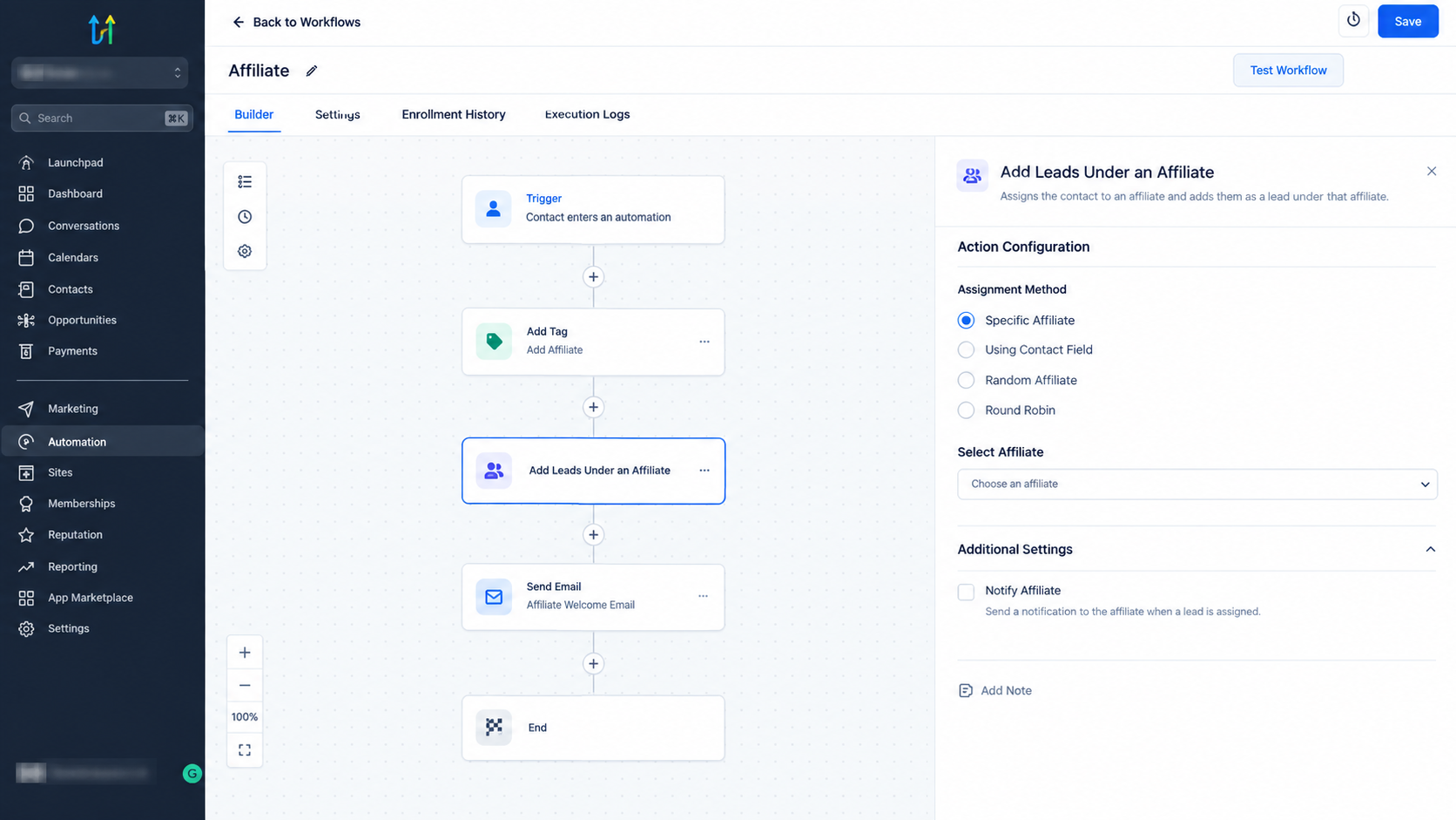 GoHighLevel Add Leads Under an Affiliate workflow action configuration