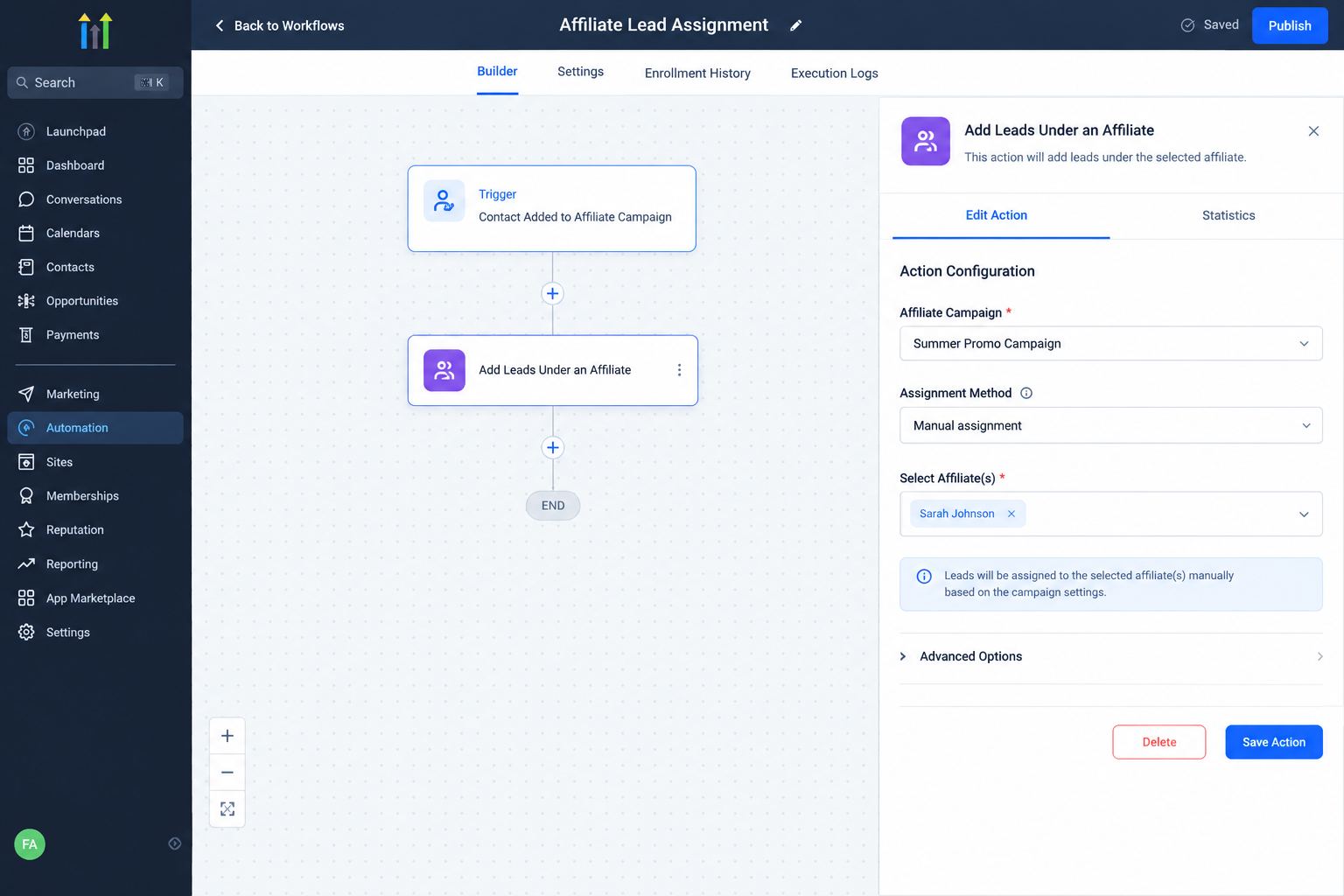 GoHighLevel Add Leads Under an Affiliate manual assignment configuration
