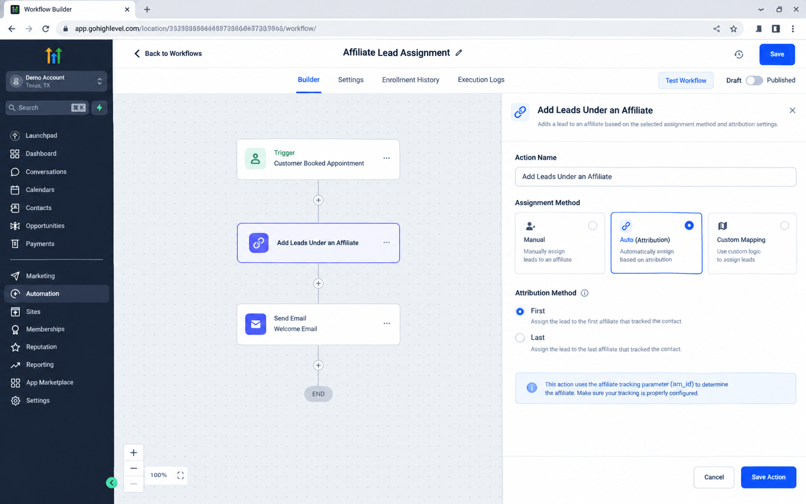 GoHighLevel Add Leads Under an Affiliate auto attribution settings