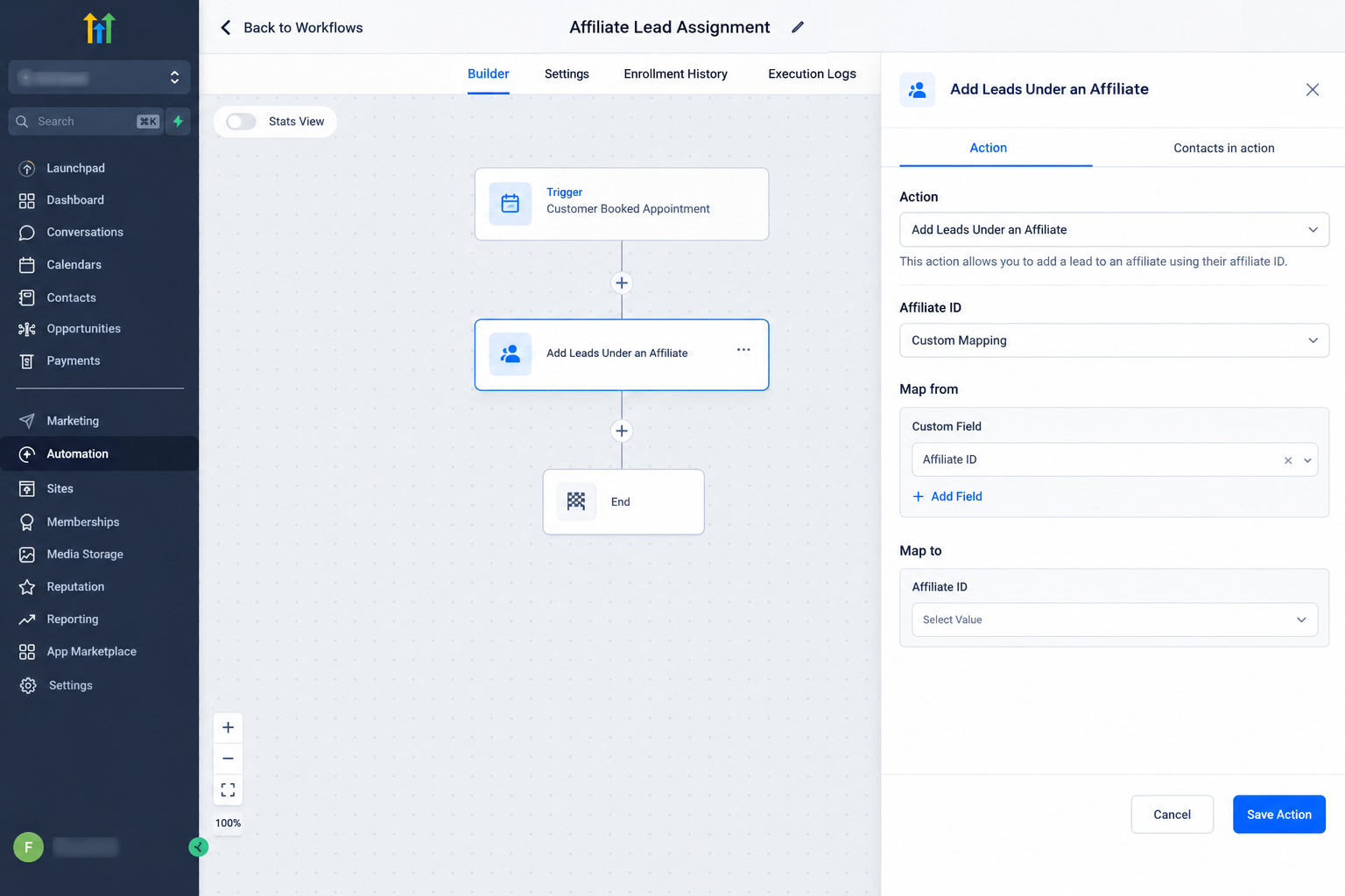 GoHighLevel Add Leads Under an Affiliate custom mapping configuration